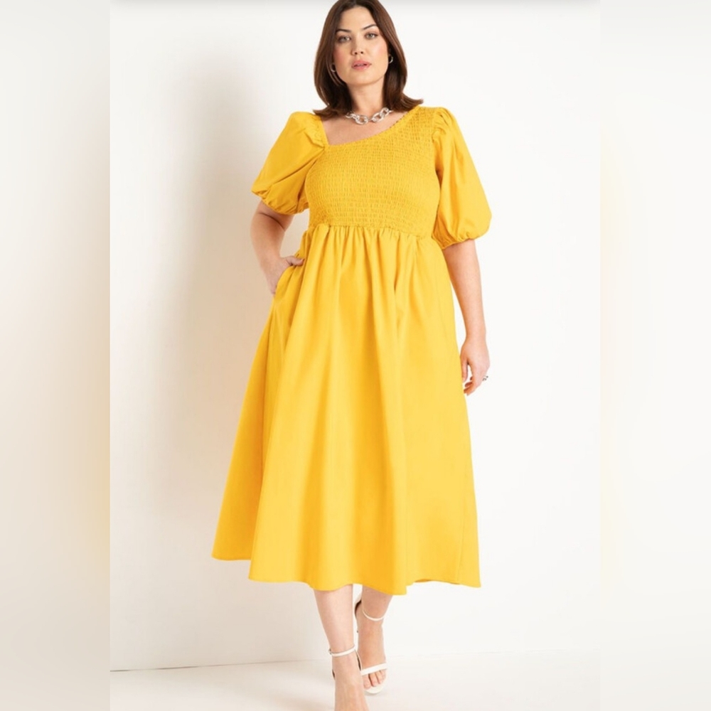 Smoked Bodice, Asymmetrical Neck Midi Dress